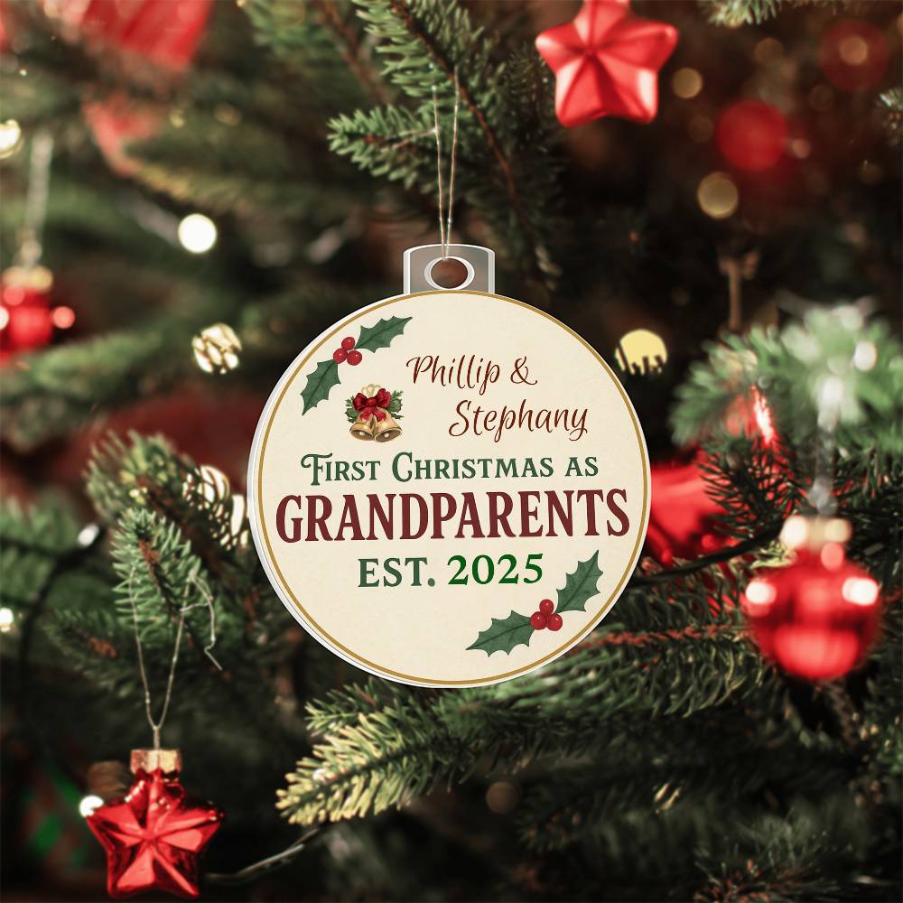 Personalized First Christmas as Grandparents Ornament 2025 - Custom Names with Elegant Holly Design - Premium Keepsake Christmas Decoration