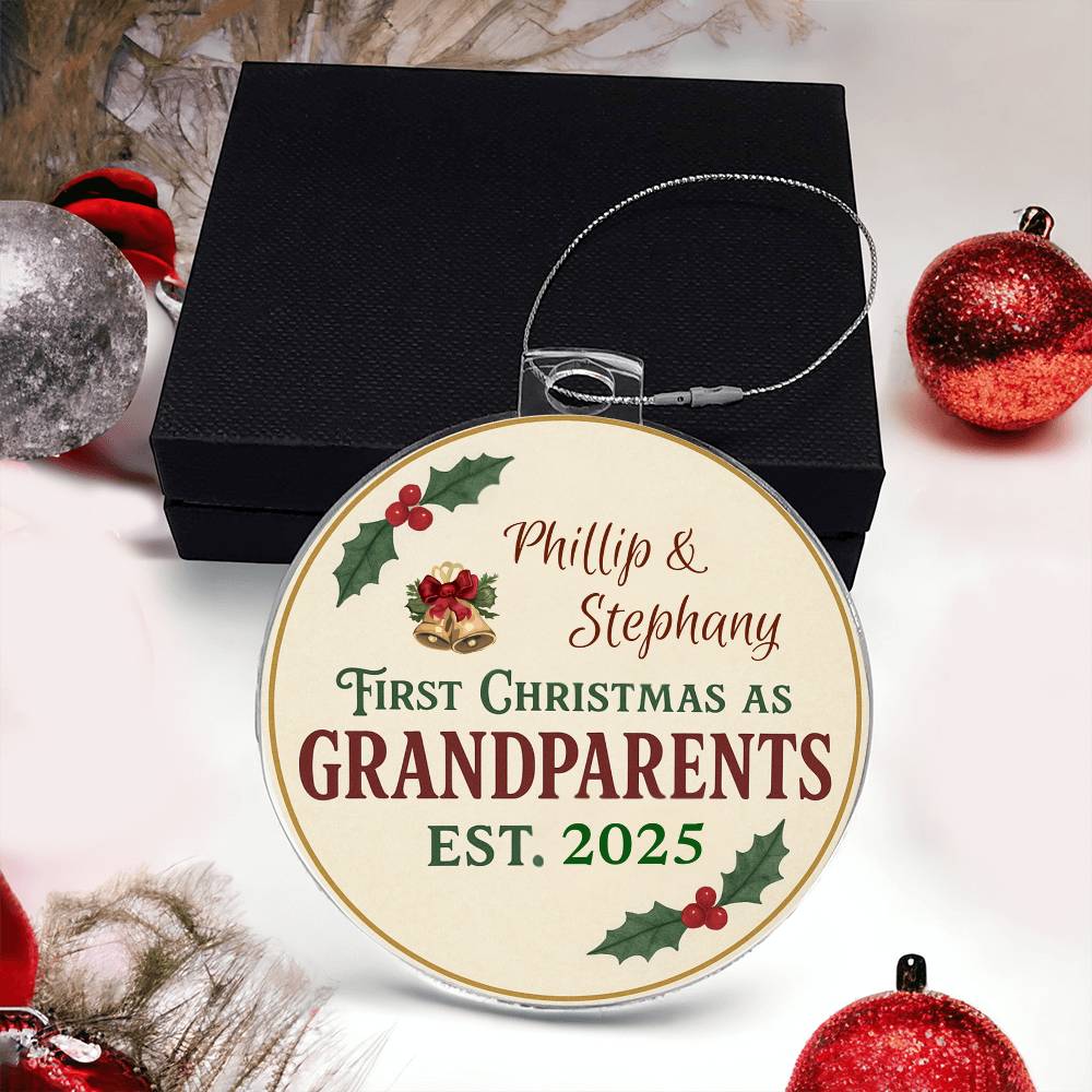 Personalized First Christmas as Grandparents Ornament 2025 - Custom Names with Elegant Holly Design - Premium Keepsake Christmas Decoration