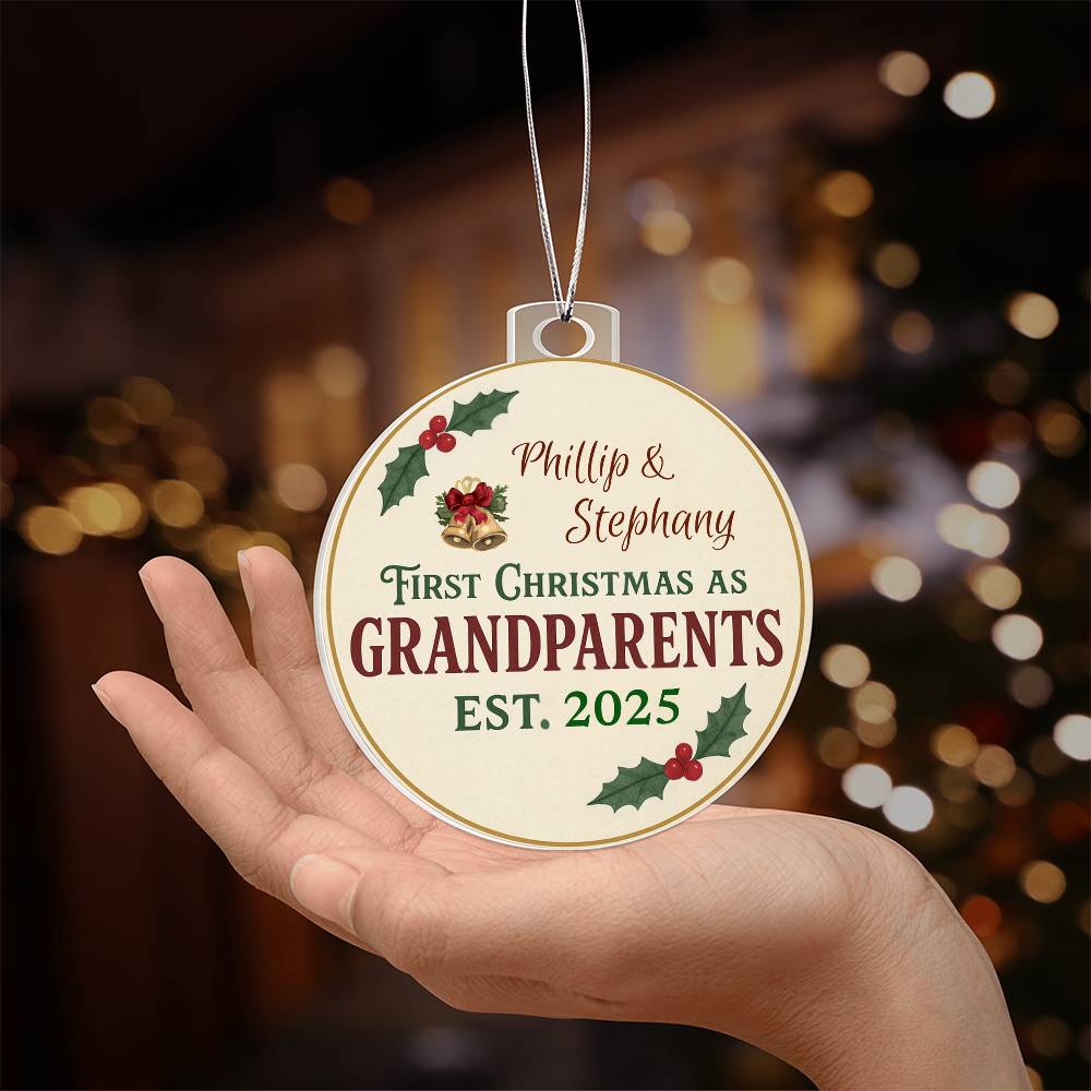 Personalized First Christmas as Grandparents Ornament 2025 - Custom Names with Elegant Holly Design - Premium Keepsake Christmas Decoration