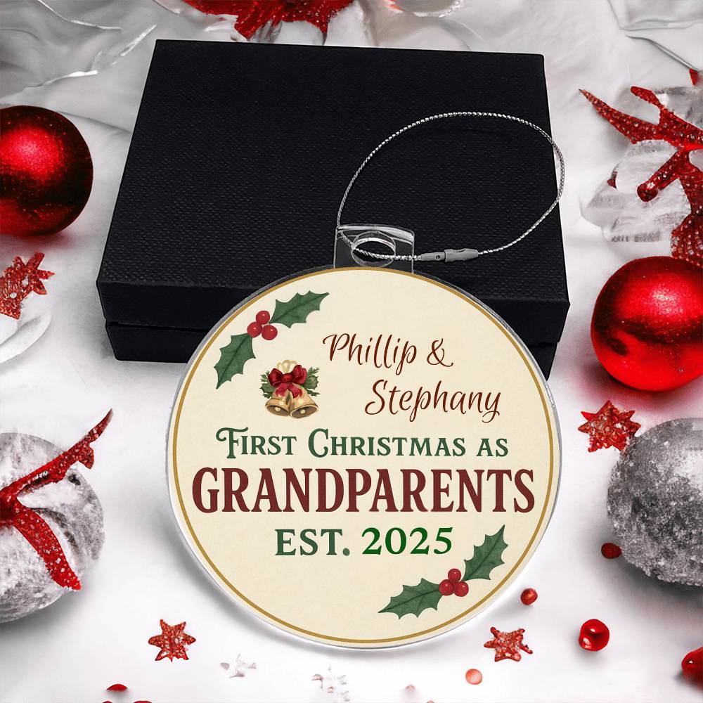 Personalized First Christmas as Grandparents Ornament 2025 - Custom Names with Elegant Holly Design - Premium Keepsake Christmas Decoration