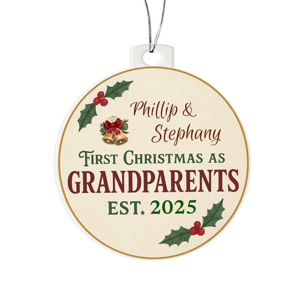 Personalized First Christmas as Grandparents Ornament 2025 - Custom Names with Elegant Holly Design - Premium Keepsake Christmas Decoration