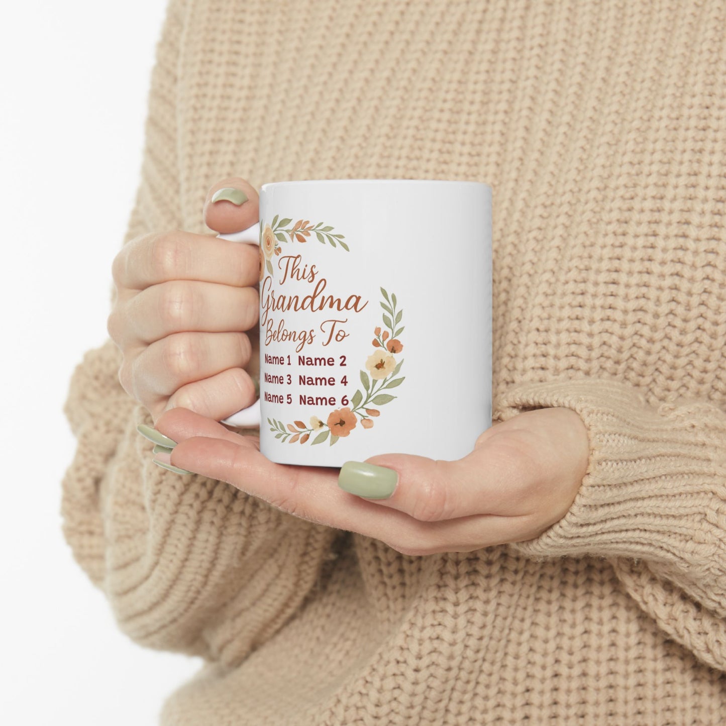 This Grandma Belongs To" Personalized Floral Wreath Mug - Custom Grandchildren Names Coffee Cup