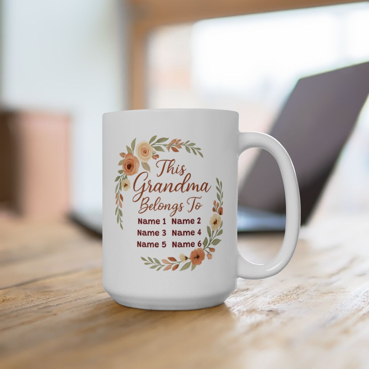 This Grandma Belongs To" Personalized Floral Wreath Mug - Custom Grandchildren Names Coffee Cup