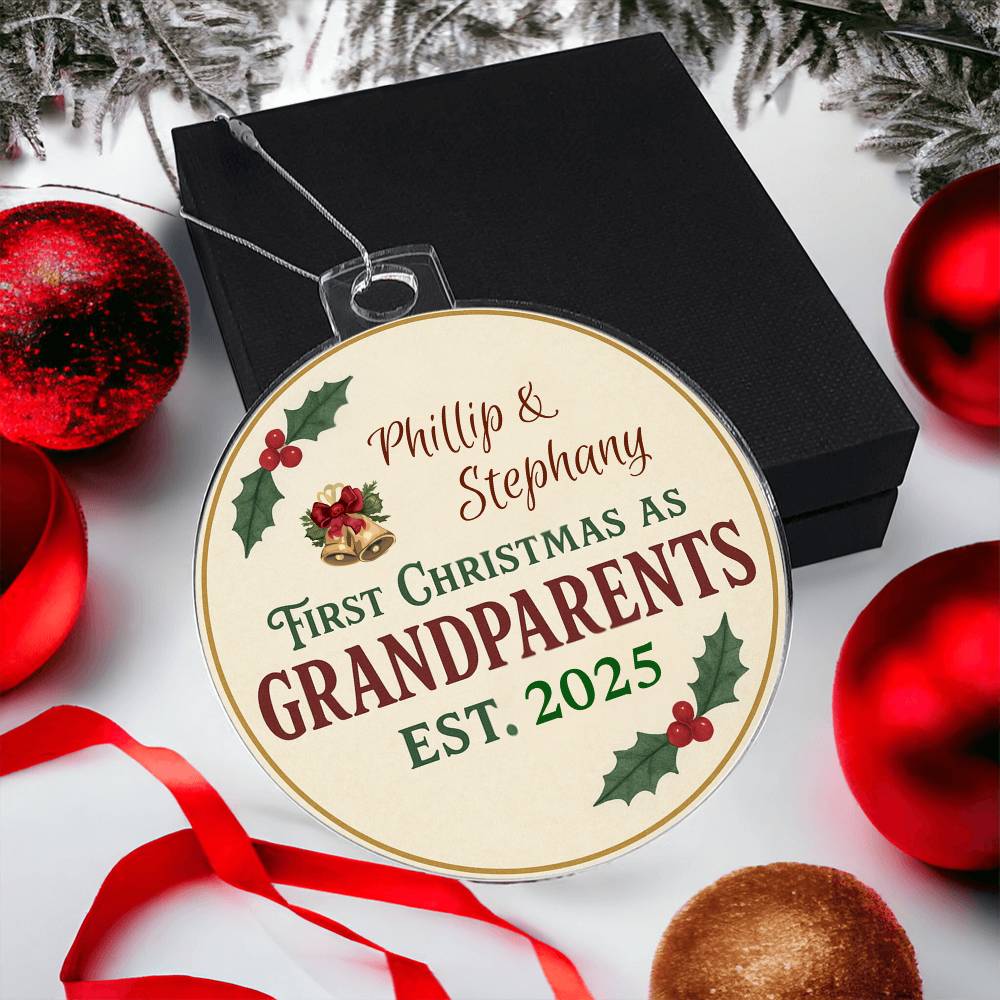 Personalized First Christmas as Grandparents Ornament 2025 - Custom Names with Elegant Holly Design - Premium Keepsake Christmas Decoration