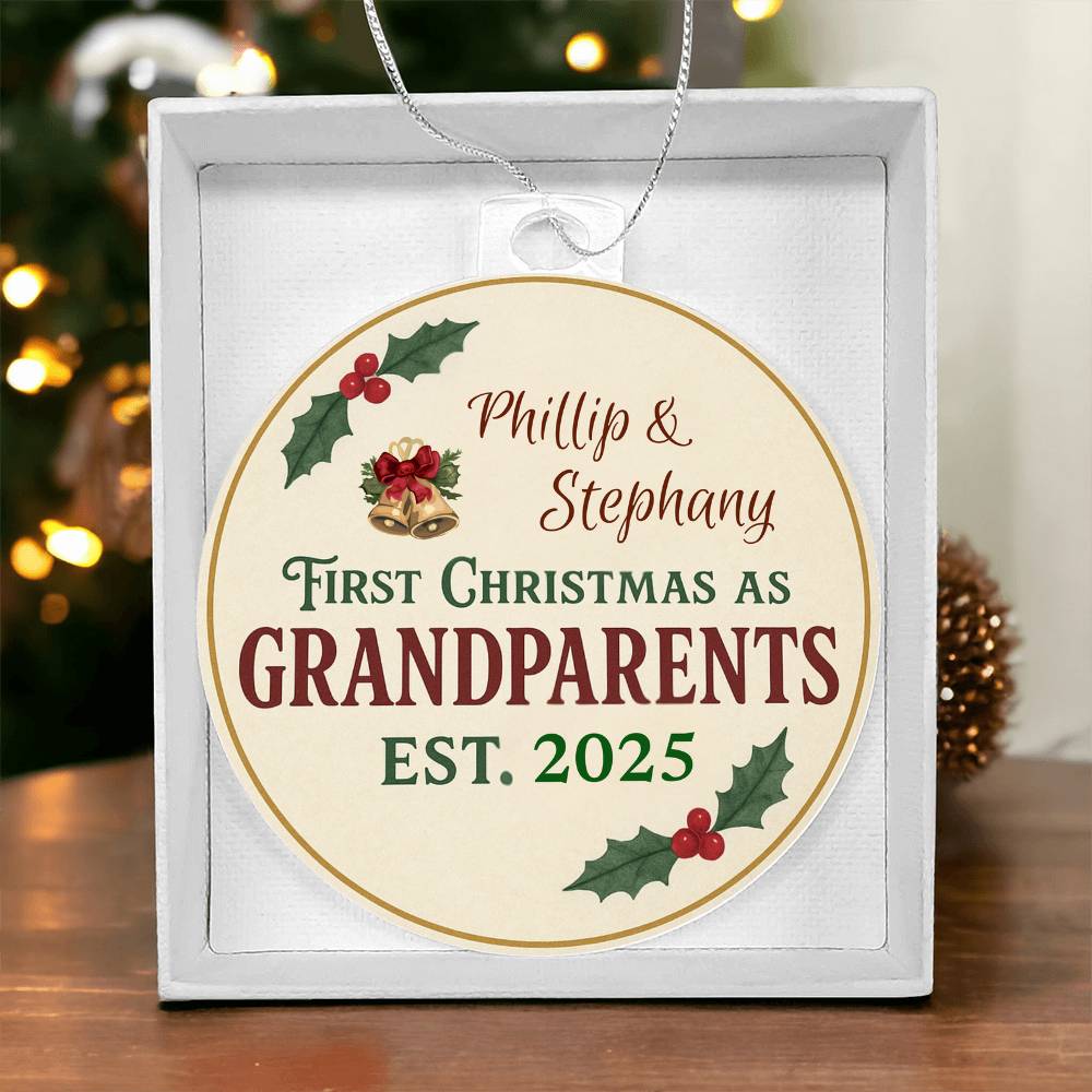 Personalized First Christmas as Grandparents Ornament 2025 - Custom Names with Elegant Holly Design - Premium Keepsake Christmas Decoration