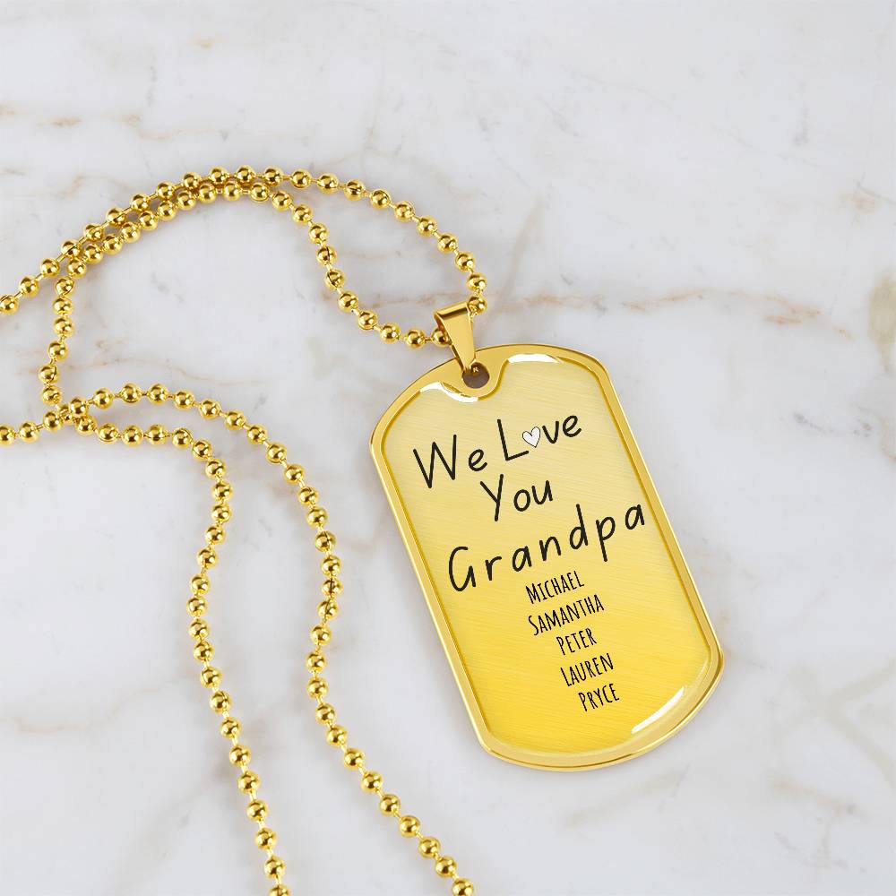 Custom “We Love You Grandpa” Engraved Dog Tag Necklace – Personalized with Grandkids’ Names