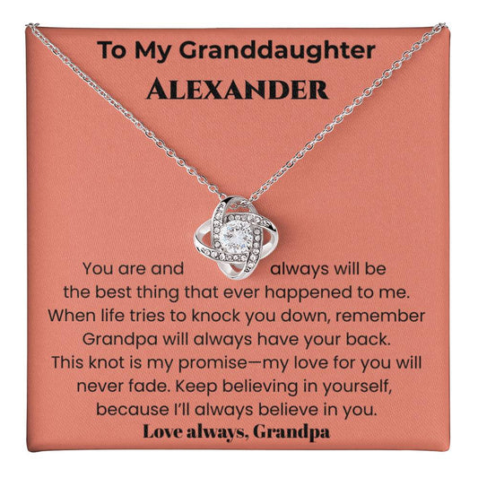 Personalized Granddaughter Love Knot Necklace – “I’ll Always Believe in You” from Grandpa