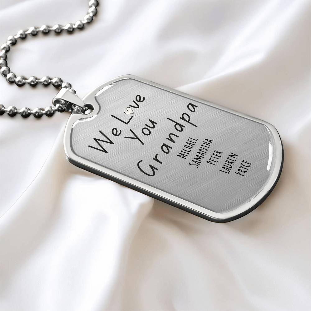Custom “We Love You Grandpa” Engraved Dog Tag Necklace – Personalized with Grandkids’ Names