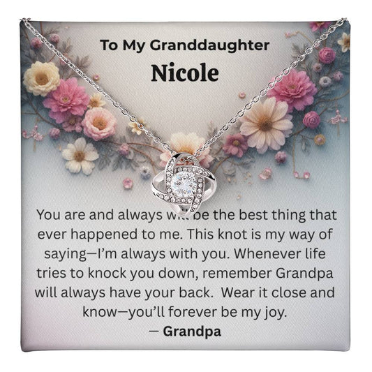Personalized Granddaughter Love Knot Necklace – “You’ll Forever Be My Joy” from Grandpa