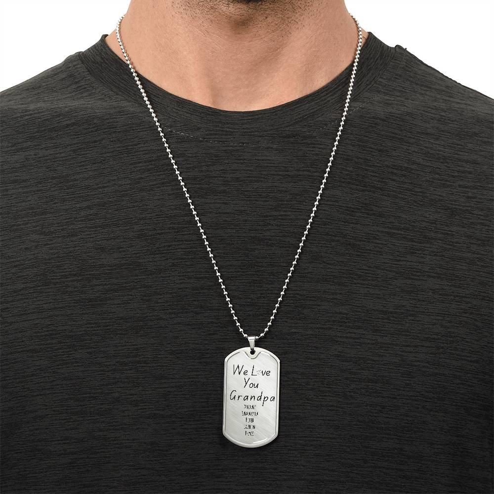 Custom “We Love You Grandpa” Engraved Dog Tag Necklace – Personalized with Grandkids’ Names