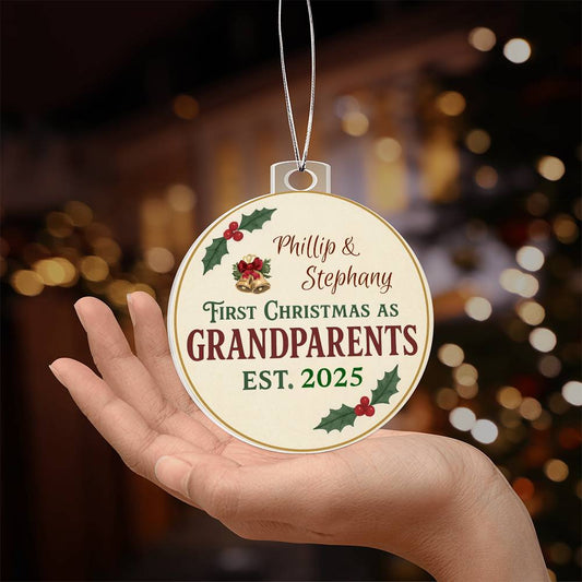 Personalized First Christmas as Grandparents Ornament 2025 - Custom Names with Elegant Holly Design - Premium Keepsake Christmas Decoration