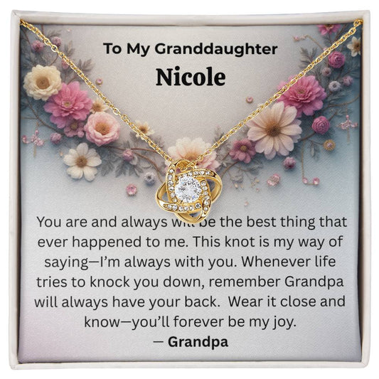 Personalized Granddaughter Love Knot Necklace – “You’ll Forever Be My Joy” from Grandpa
