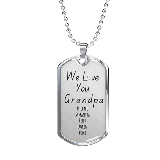 Custom “We Love You Grandpa” Engraved Dog Tag Necklace – Personalized with Grandkids’ Names