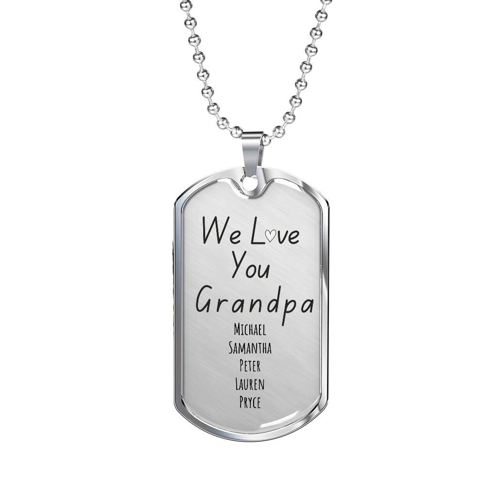 Custom “We Love You Grandpa” Engraved Dog Tag Necklace – Personalized with Grandkids’ Names