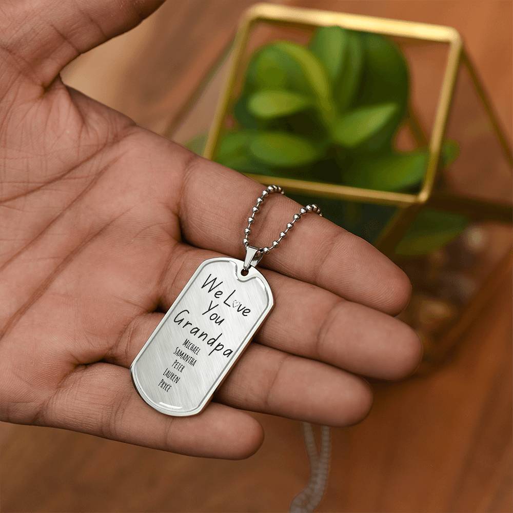 Custom “We Love You Grandpa” Engraved Dog Tag Necklace – Personalized with Grandkids’ Names