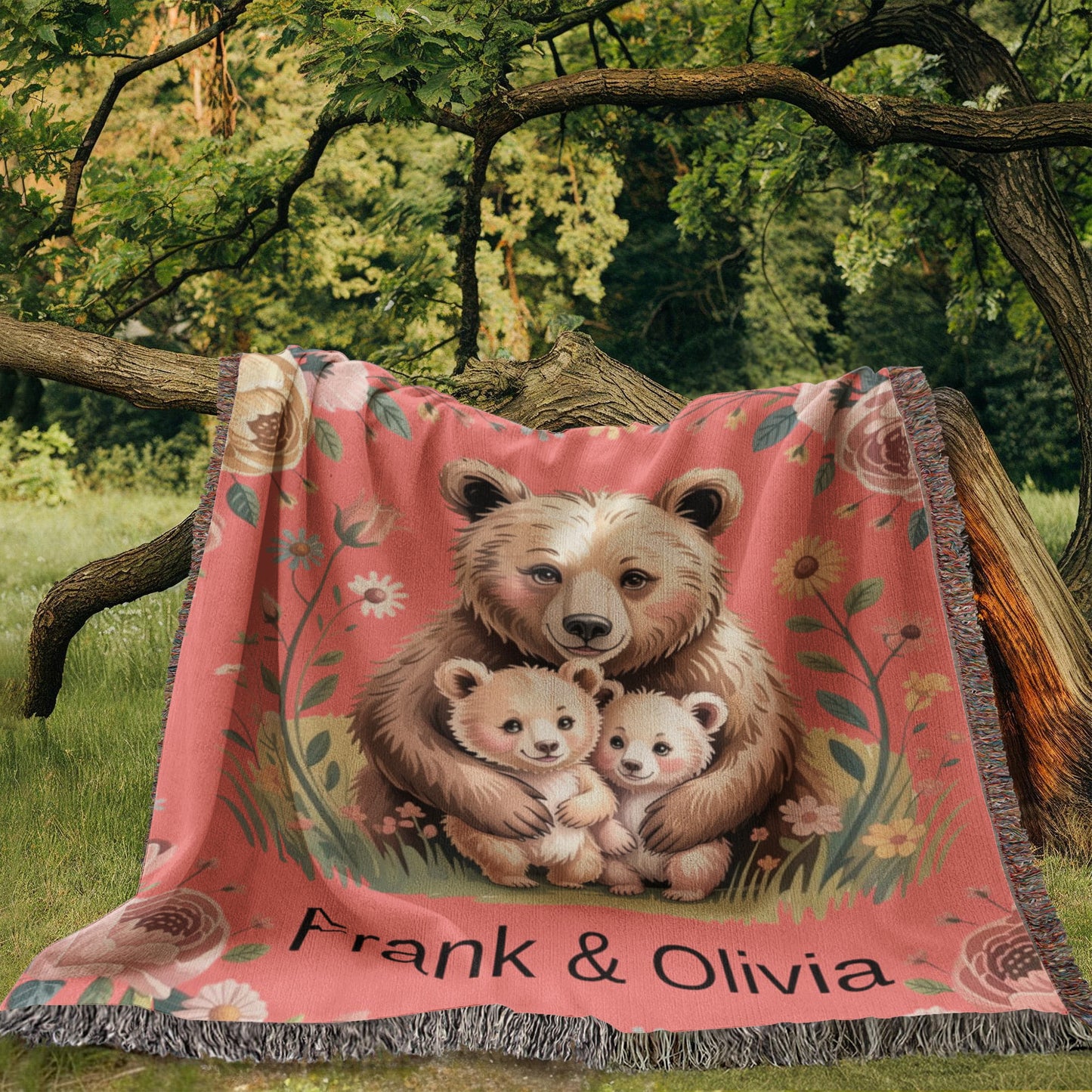 Personalized Mama Bear Heirloom Artwork Woven Blanket (Portrait)
