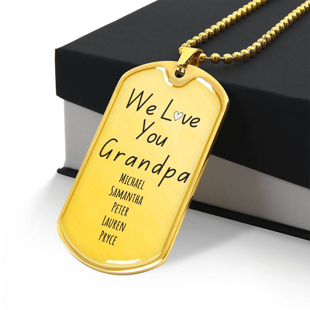 Custom “We Love You Grandpa” Engraved Dog Tag Necklace – Personalized with Grandkids’ Names