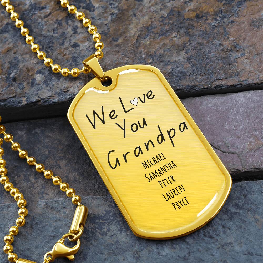 Custom “We Love You Grandpa” Engraved Dog Tag Necklace – Personalized with Grandkids’ Names