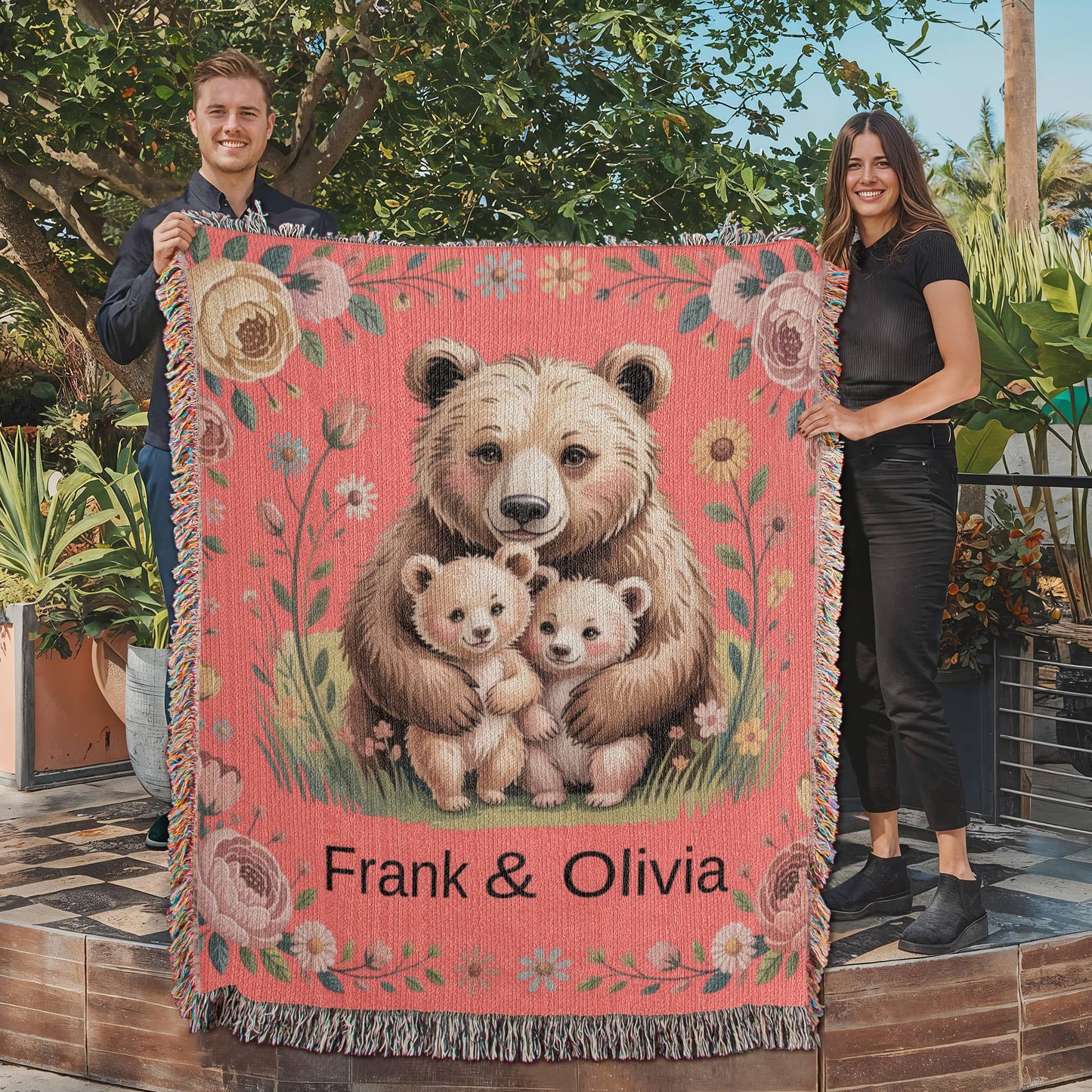 Personalized Mama Bear Heirloom Artwork Woven Blanket (Portrait)