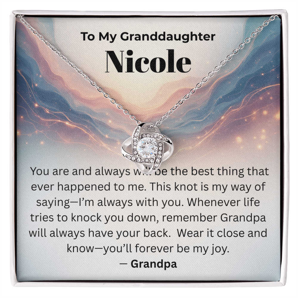 Personalized Granddaughter Love Knot Necklace – “You'll Forever Be My Joy” from Grandpa