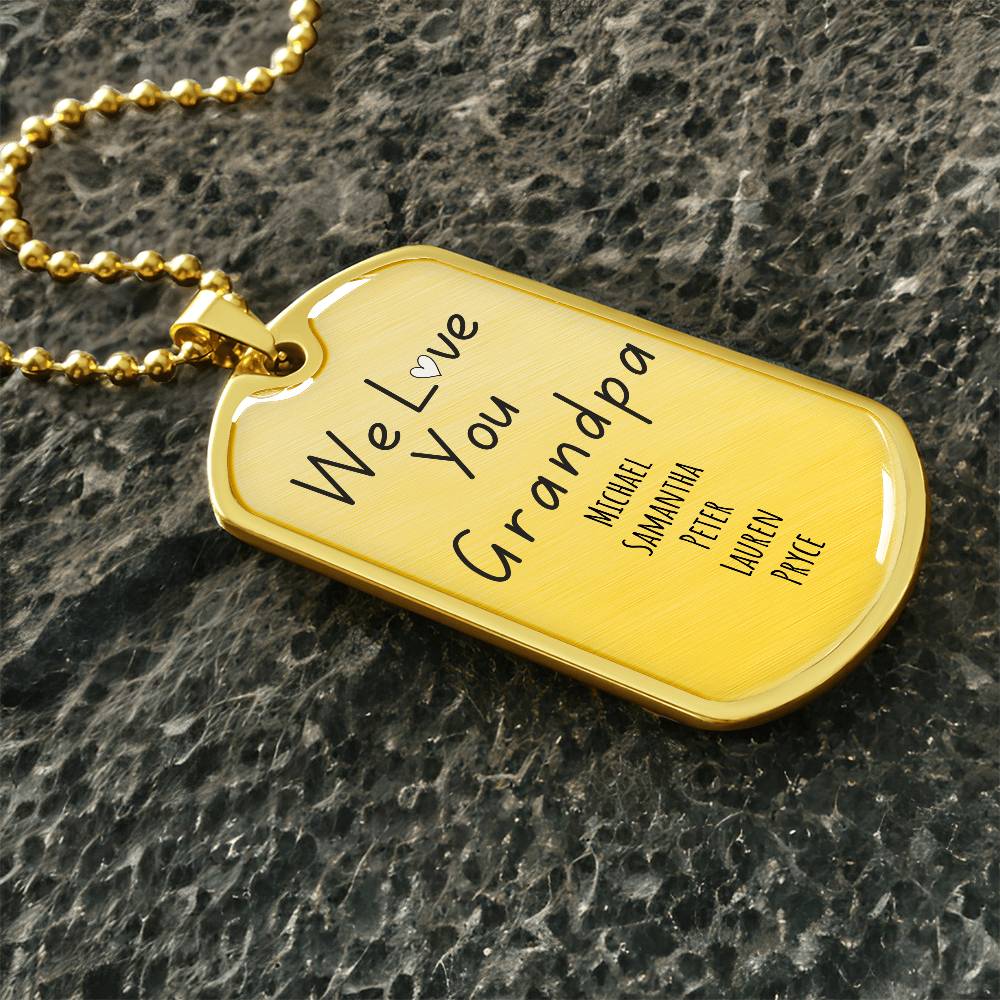 Custom “We Love You Grandpa” Engraved Dog Tag Necklace – Personalized with Grandkids’ Names