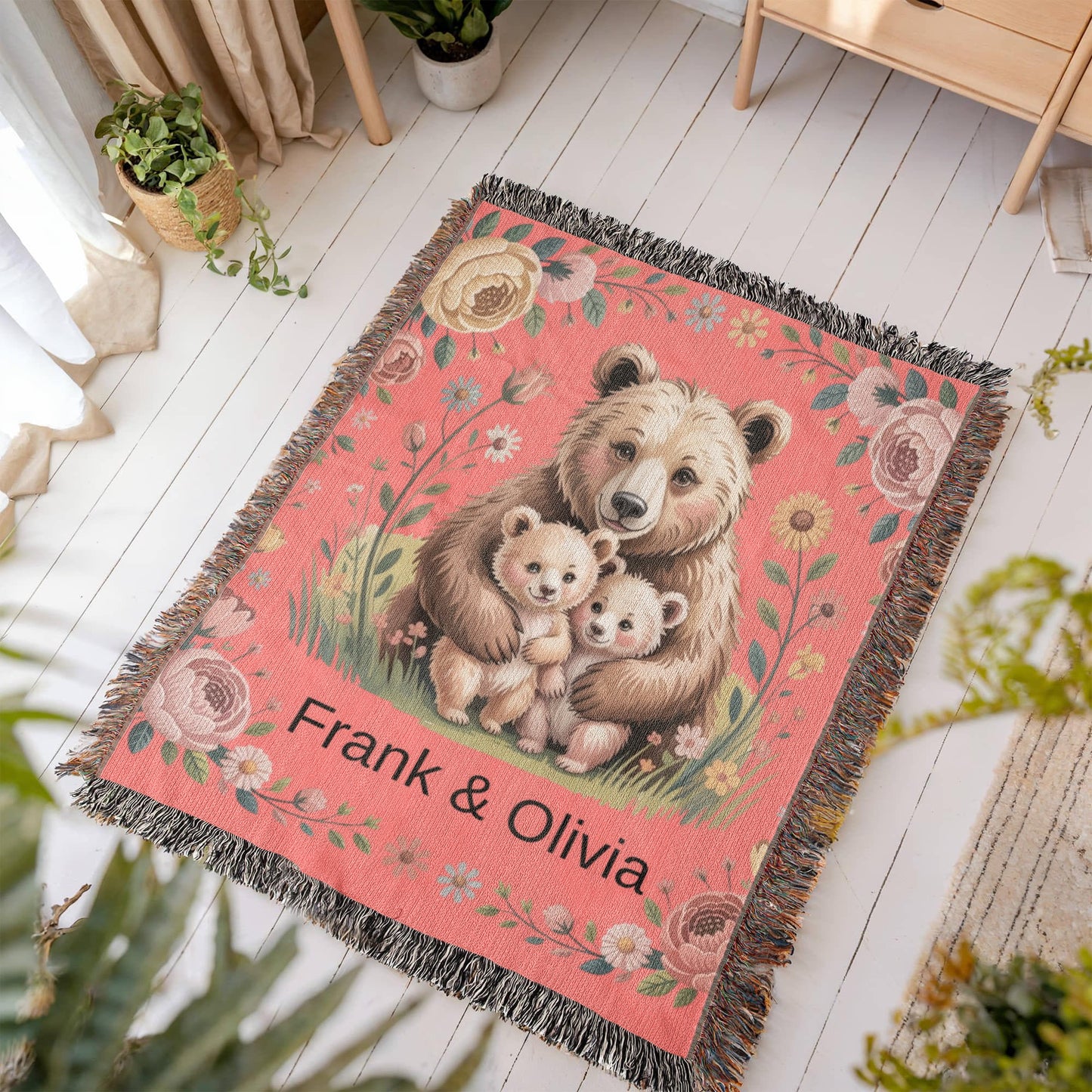 Personalized Mama Bear Heirloom Artwork Woven Blanket (Portrait)