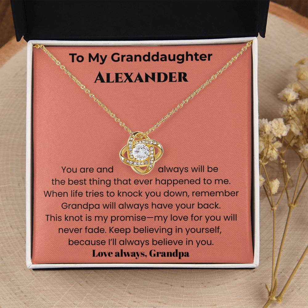 Personalized Granddaughter Love Knot Necklace – “I’ll Always Believe in You” from Grandpa