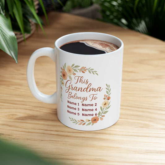 This Grandma Belongs To" Personalized Floral Wreath Mug - Custom Grandchildren Names Coffee Cup