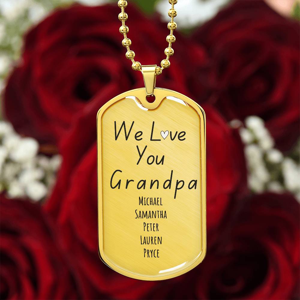 Custom “We Love You Grandpa” Engraved Dog Tag Necklace – Personalized with Grandkids’ Names