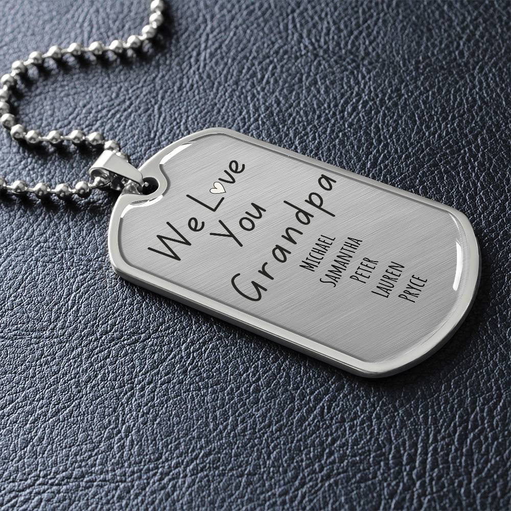 Custom “We Love You Grandpa” Engraved Dog Tag Necklace – Personalized with Grandkids’ Names