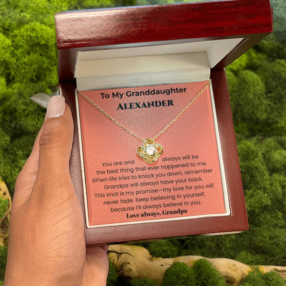Personalized Granddaughter Love Knot Necklace – “I’ll Always Believe in You” from Grandpa