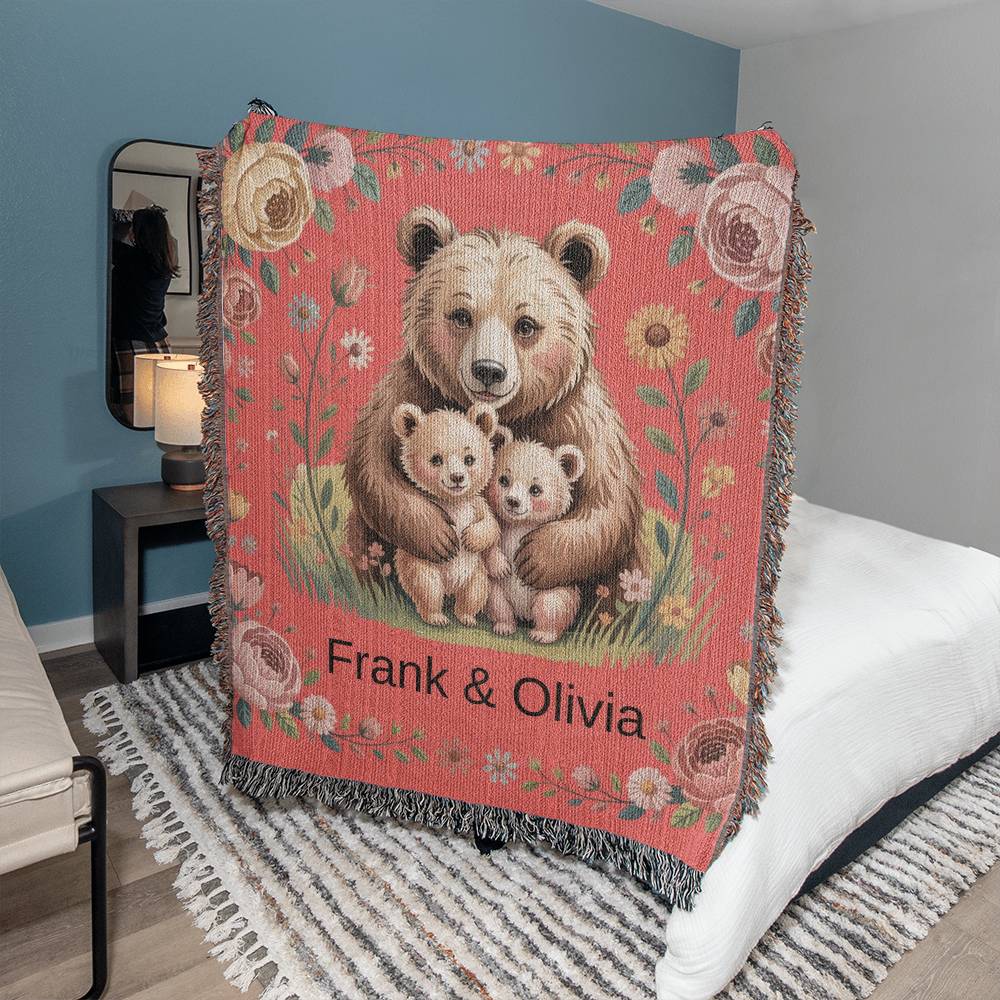 Personalized Mama Bear Heirloom Artwork Woven Blanket (Portrait)