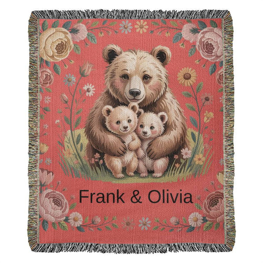 Personalized Mama Bear Heirloom Artwork Woven Blanket (Portrait)